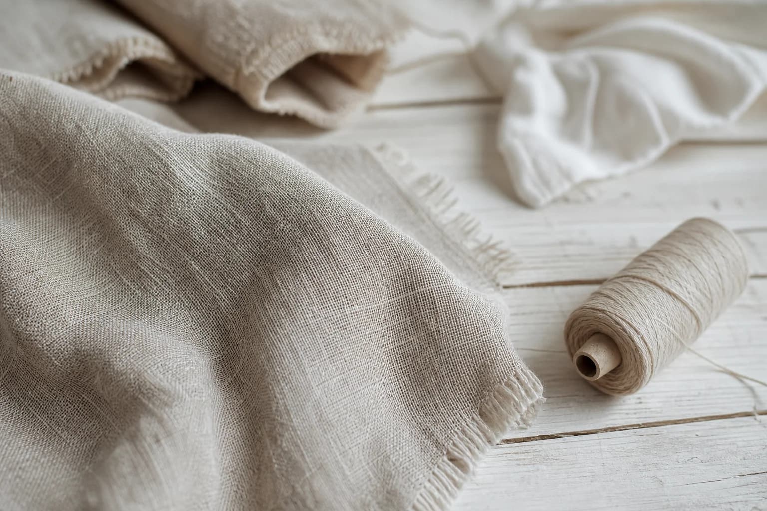 Gros plan sur une toile de lin naturel et une bobine de fil sur une table en bois