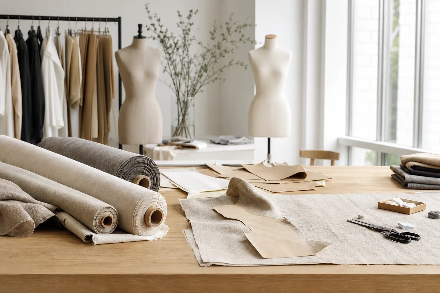 Atelier lumineux avec rouleaux de lin et de laine